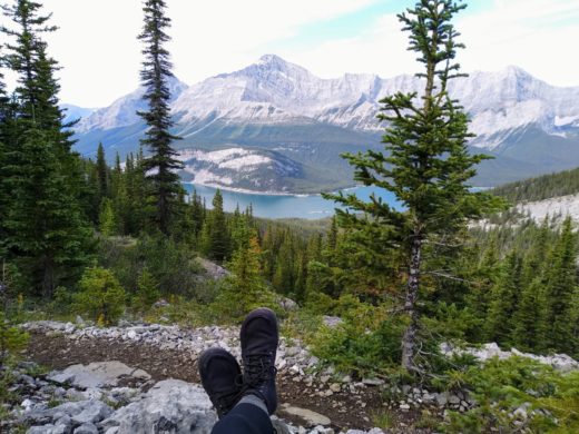 feet overlooking spray lakes provincial park