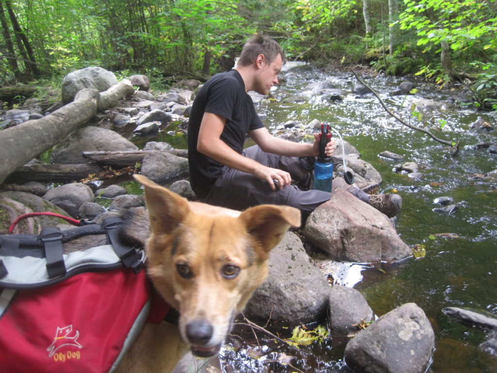 Dog and man filtering water at a river